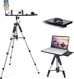 Klvied Universal Projector Tripod Stand - Laptop Tripod Stand with Removable Mouse Tray and Gooseneck Phone Holder, Laptop Floor Stand Adjustable 17.6 to 51.4 Inch, Projector Stand for Stage, Studio