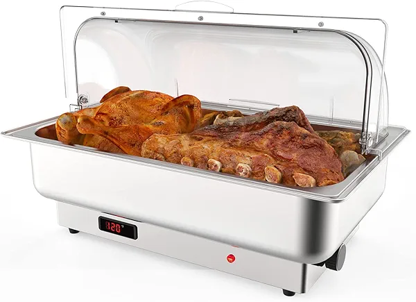 RIEDHOFF 9QT Electric Chafing Dish Set with Temperature Control, Roll Top Stainless Steel Full-size Chafer with Transparent Lid for Catering and Food Servers