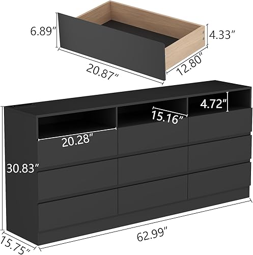 Miniatura 2 de Gyfimoie Cómoda de 3 cajones con toma de corriente, cómoda LED grande con cajones sin asa, armario largo moderno de almacenamiento para armario,
