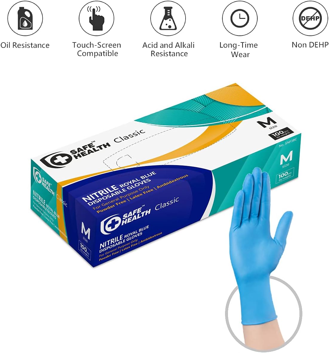 Safe Health Nitrile Disposable Gloves, Free of Latex & Powder, Blue, Textured, 3.5 Mil, Industrial, Food, Salon, Cleaning