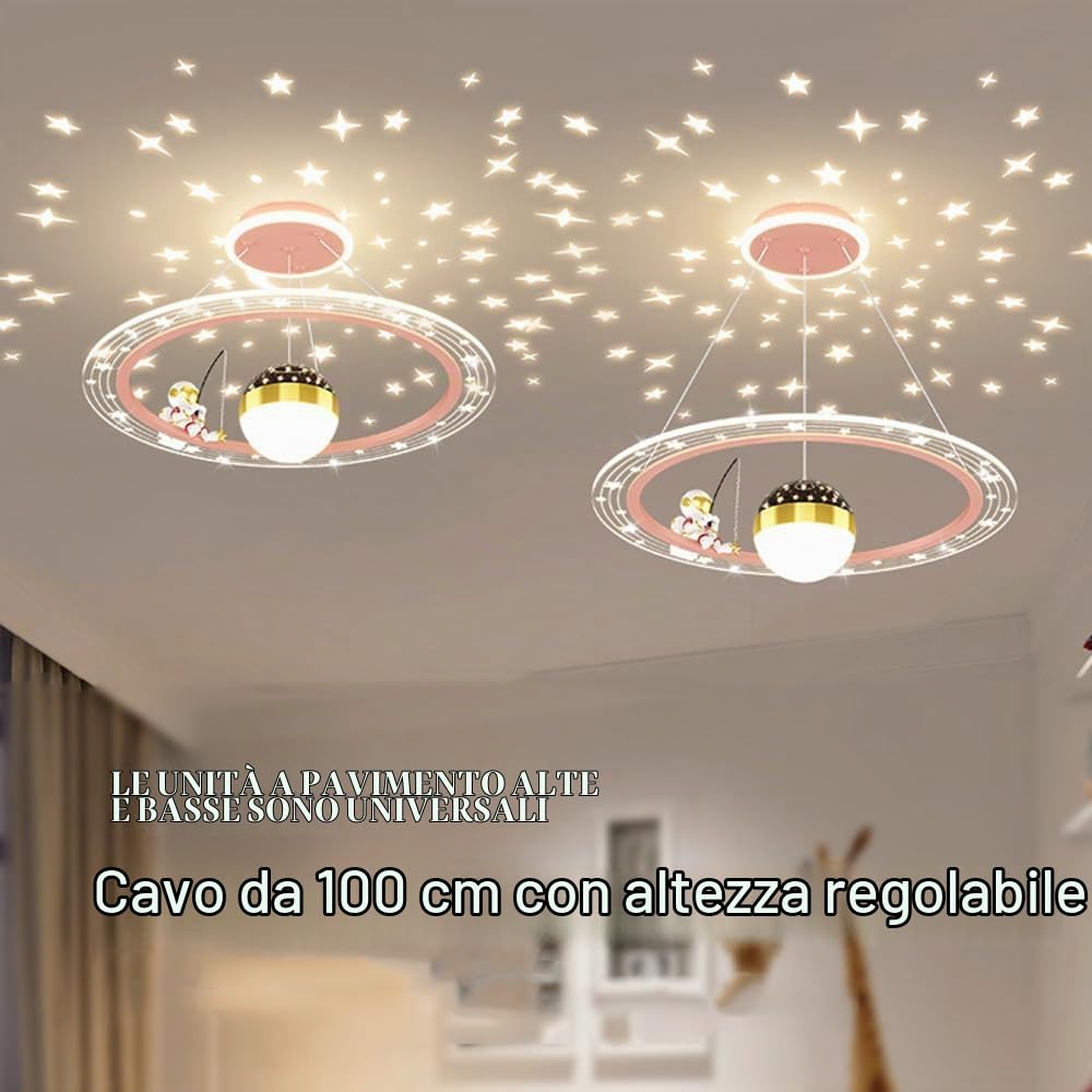 Plafoniera LED Astronauta per Camera dei Bambini con Proiettore Stelle Dimmerabile Rotondo Lampadario Moderno Lampada a Sospensione Plafoniera per Camera da Letto per Ragazzi per Ragazze Camer