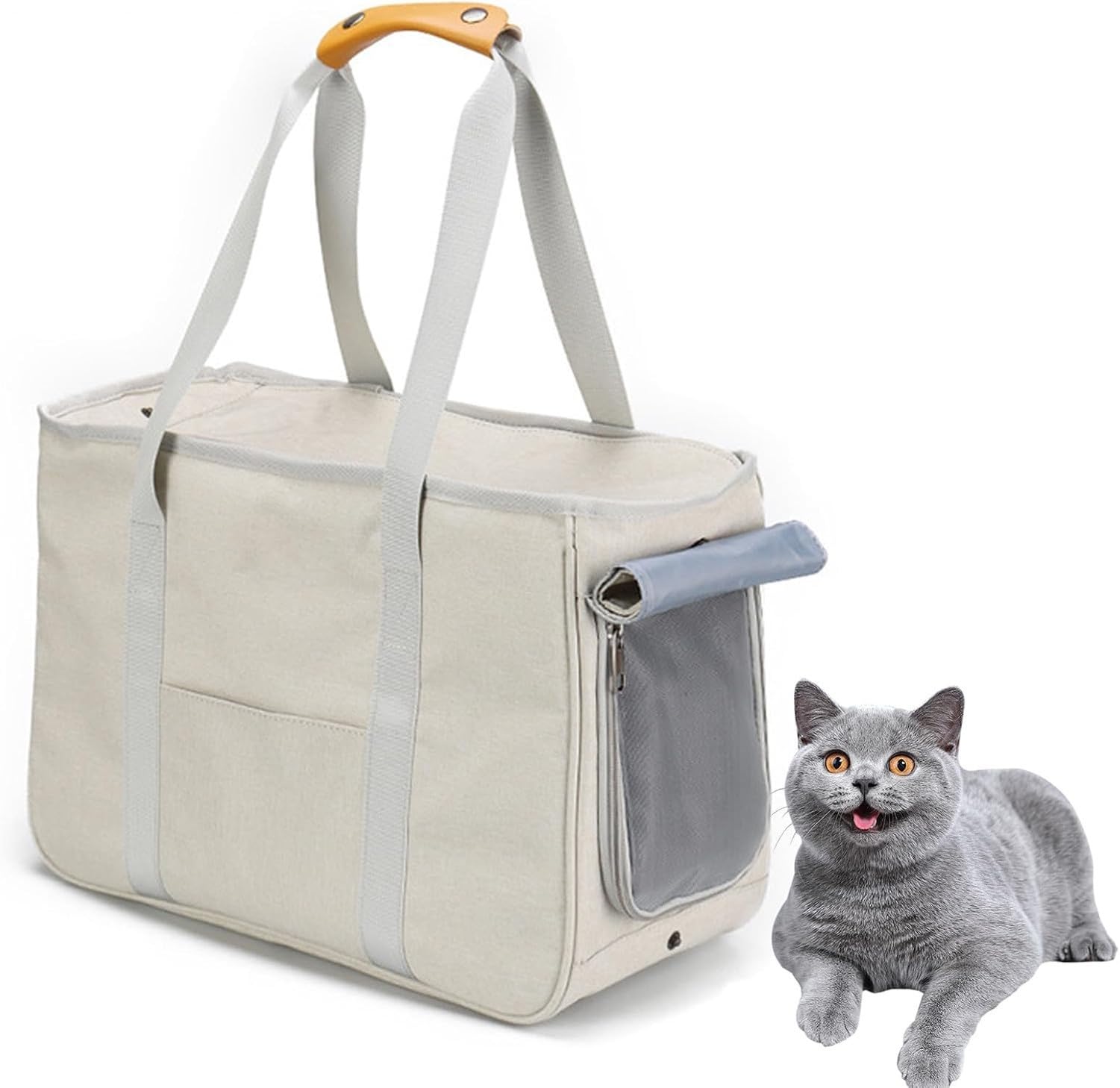 Torba transporter dla psa i kota, miękki bok z kieszeniami, przewiewny pokrowiec podróżny z pasem bezpieczeństwa, przestrzeń do zakupów i podróży dla małych śre, Beige