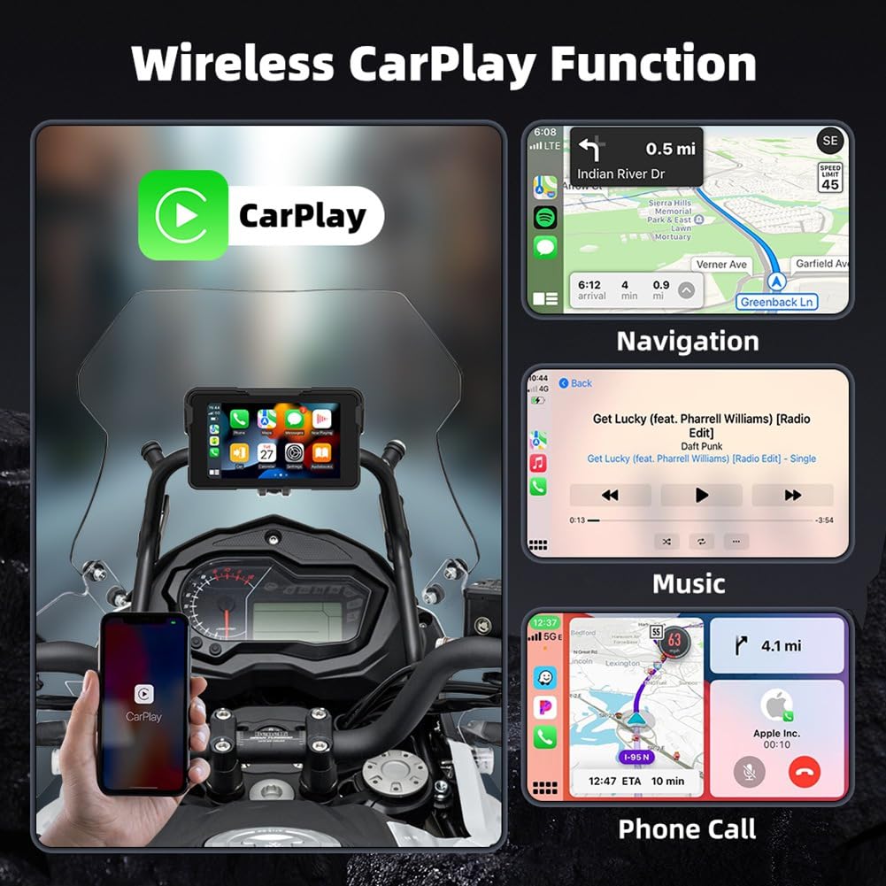 Pantalla de Navegación Digital Portátil para Motocicleta con CarPlay Moto Android Auto de 5.0 Pulgadas y Navegación Inalámbrica para Motocicleta.