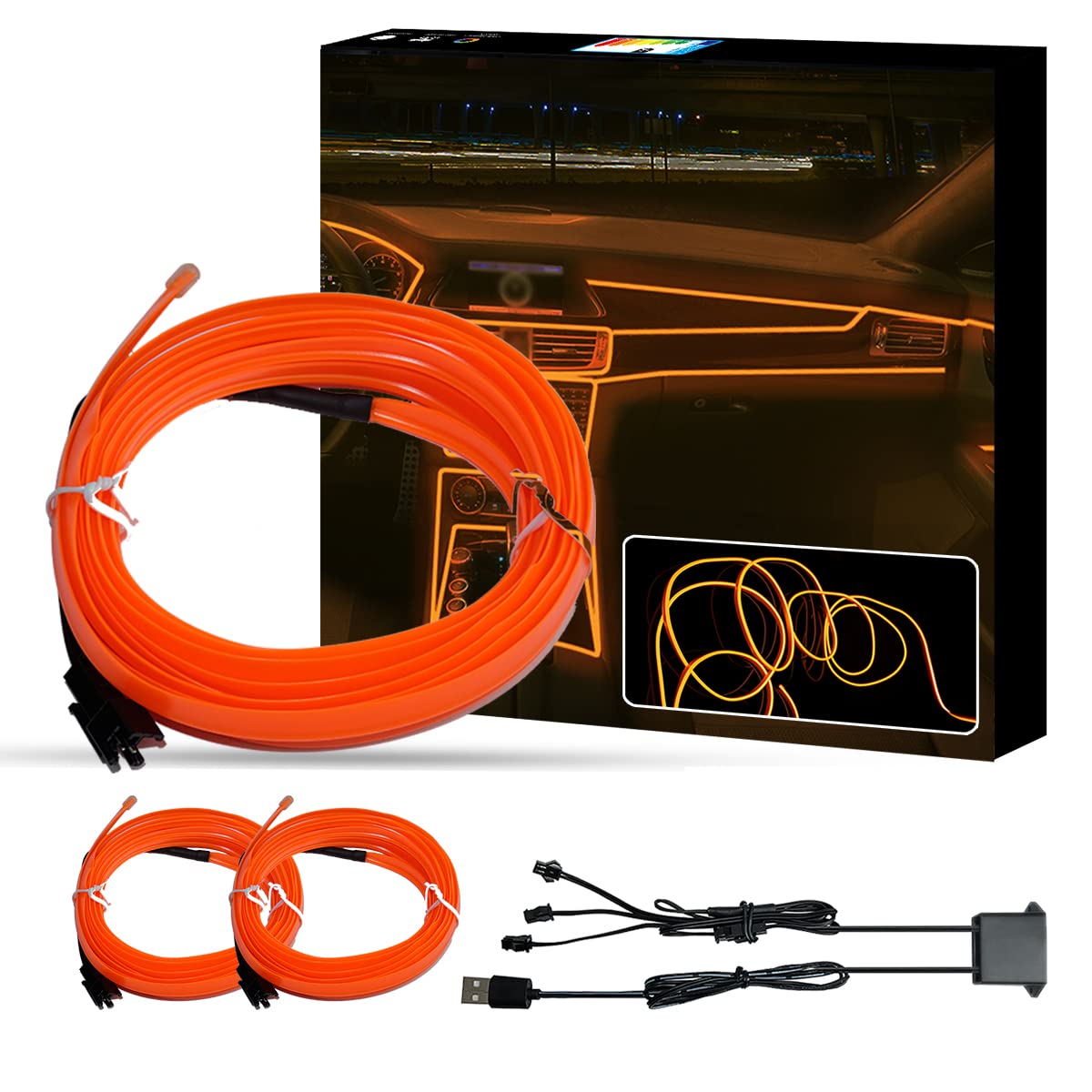 WOWLED Orange El Wire Car interior Lights, 3 in 1 USB Neon Wire Light Kit for Car Ambient Lighting Atmosphere Car Led Interior Strip Light Sewing Edge Decoration(5m / 5V)