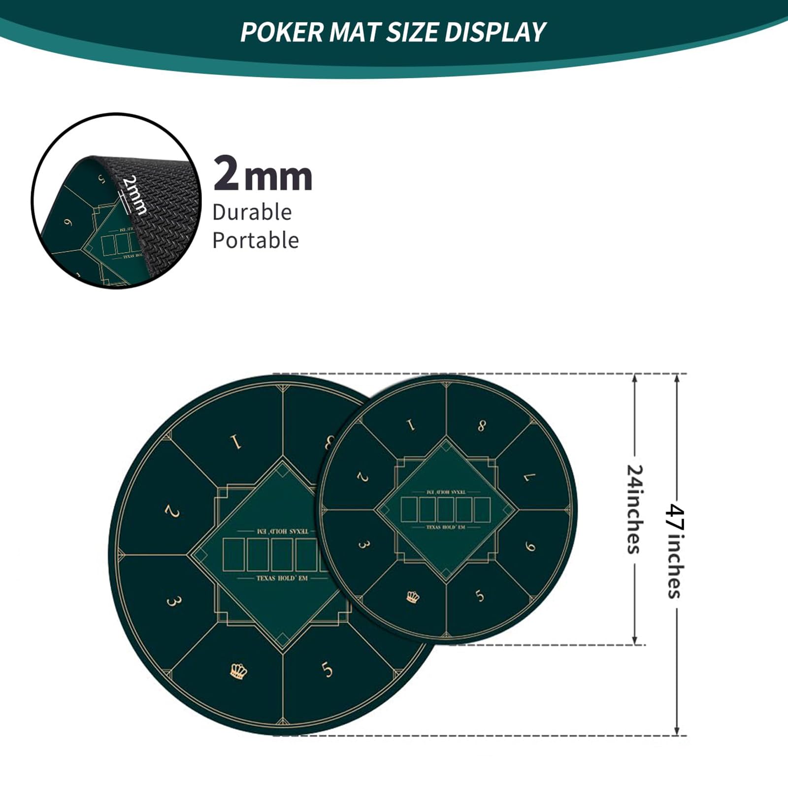 mata do gry w karty, Przenośna okrągła mata do pokera Texas Holdem, składany blat dla 8 graczy z matą nadrukiem w stylu Art Deco(Green,L)
