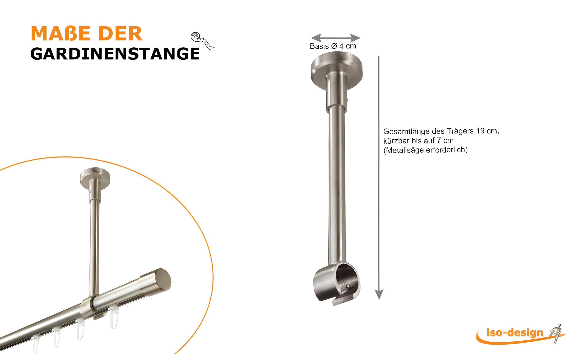 iso-design Gardinenstange Innenlauf Deckenmontage Farbe Edelstahl 20 mm, Innenlaufstange 1-läufig, großer Deckenabstand, Deckenhalter kürzbar, Endstück Kappe, 140 cm