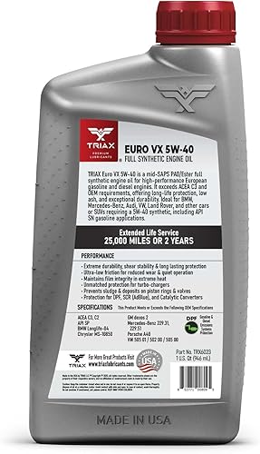 Miniatura 2 de TRIAX Euro VX 5W-40 Full Synthetic, 25 mil millas, grado OEM de rendimiento extremo, compatible con ACEA C3, A3B4, VW502.00, BMW LL-04, MB 229.51,
