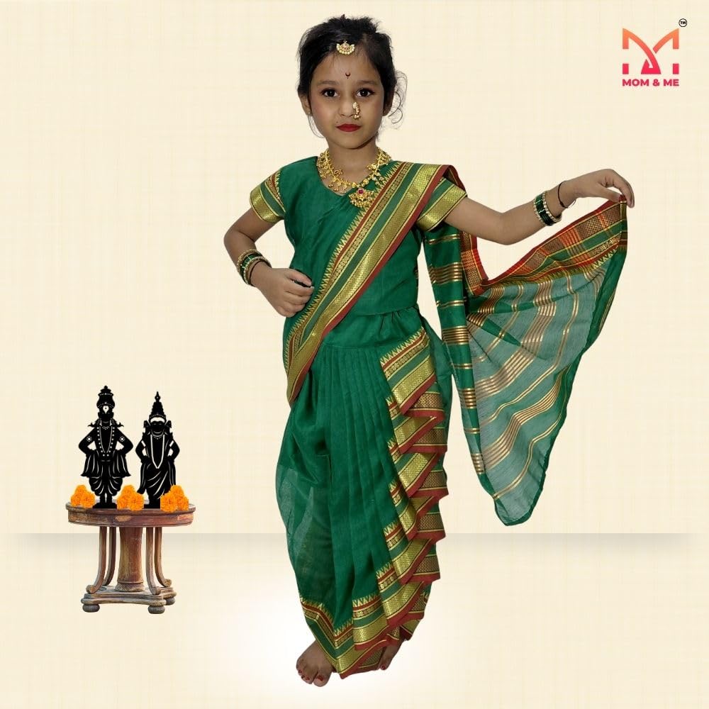 Mom and Me Girls' Ready-to-Wear Mastani Nauwari Saree with Stitched Blouse | Traditional Maharashtrian Ilkal Border | Soft Acrylic Cotton | Age 12 Months to 15 Years (Green, 8-9 Years) - Image 2 thumbnail