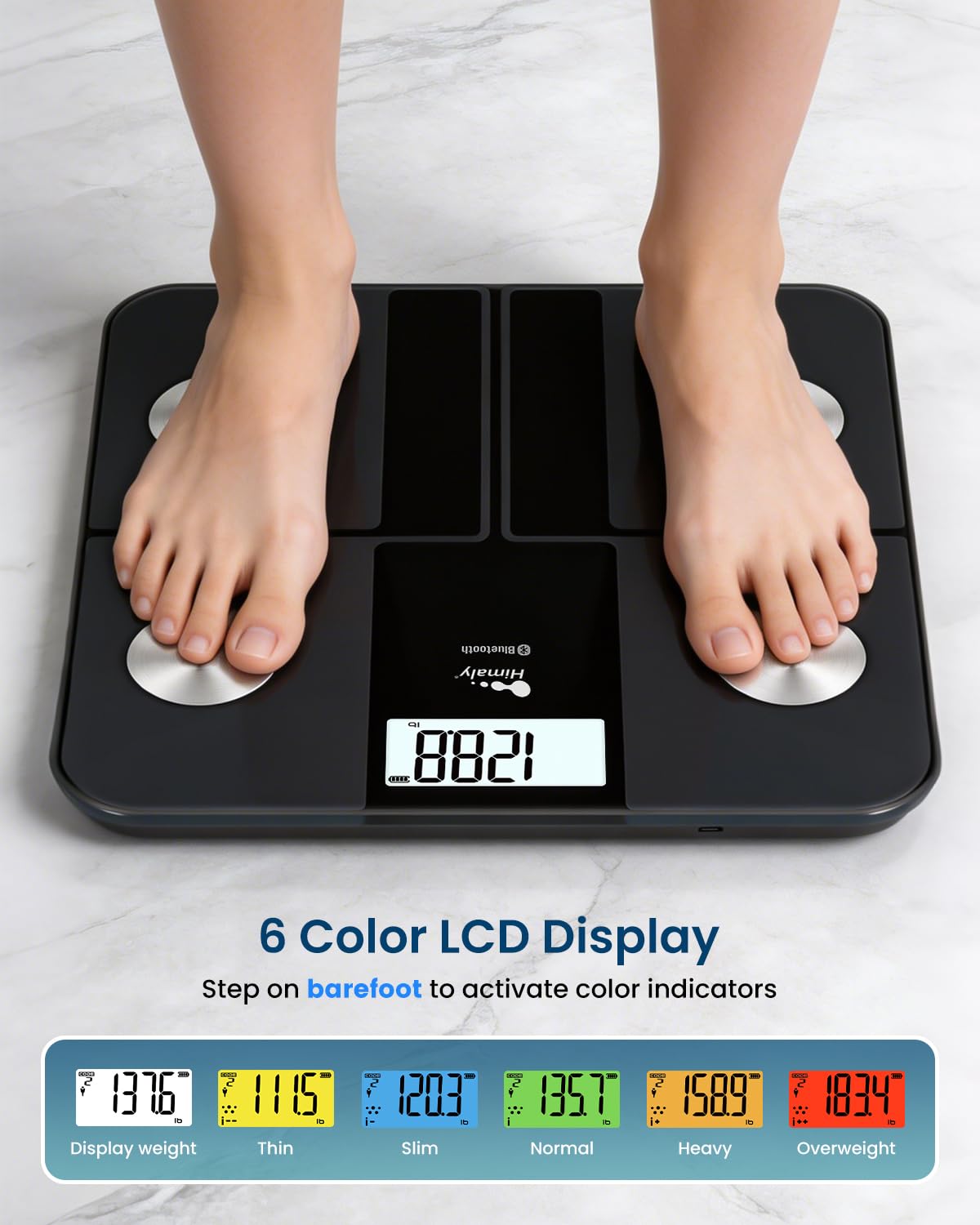 himaly Cyfrowa waga osobowa z aplikacją Smart Fitness, 6-kolorowy wyświetlacz LCD, 18 danych o ciele, szybkie ładowanie przez USB, maks. 180 kg