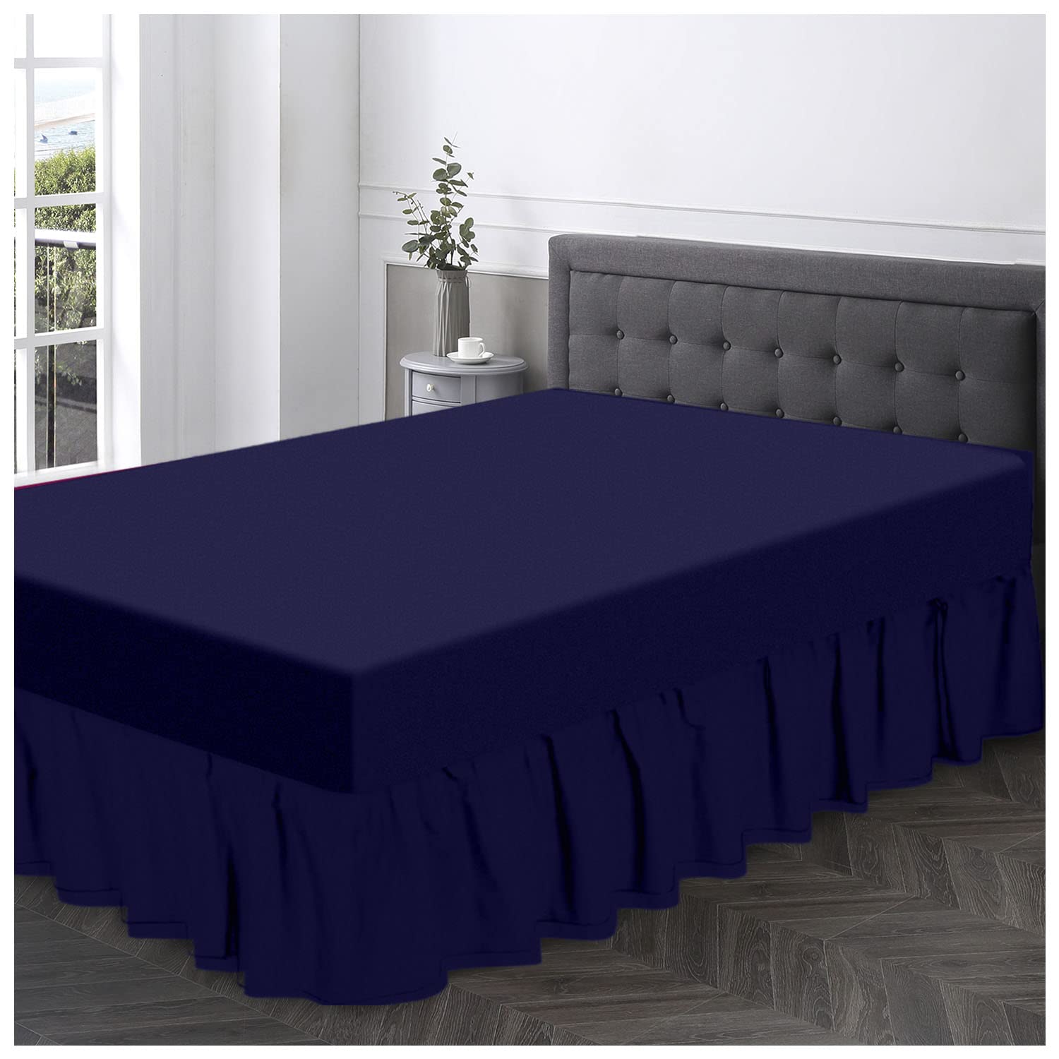 Gc Gaveno Cavailia Navy Supersoft Frilled Valance Sheet Double, Plain Dyed Bed Skirt, Luxury Bedding & Linen,