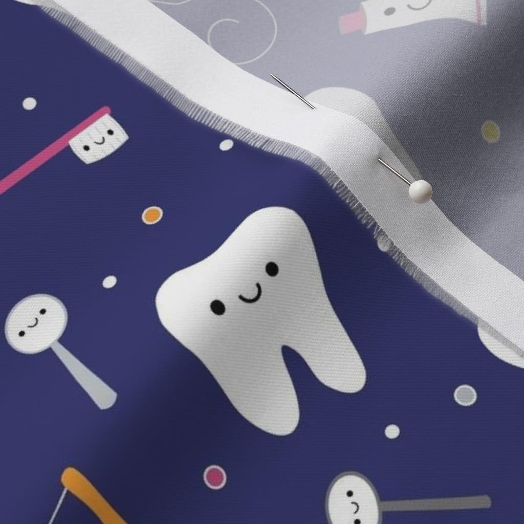 Spoonflower Fabric - Happy Teeth Royal Blue Dental Dentistry Tooth Dentist Toothpaste Floss Printed on Organic Cotton Sateen Fabric by The Yard - Sewing Quilting Apparel Home Decor