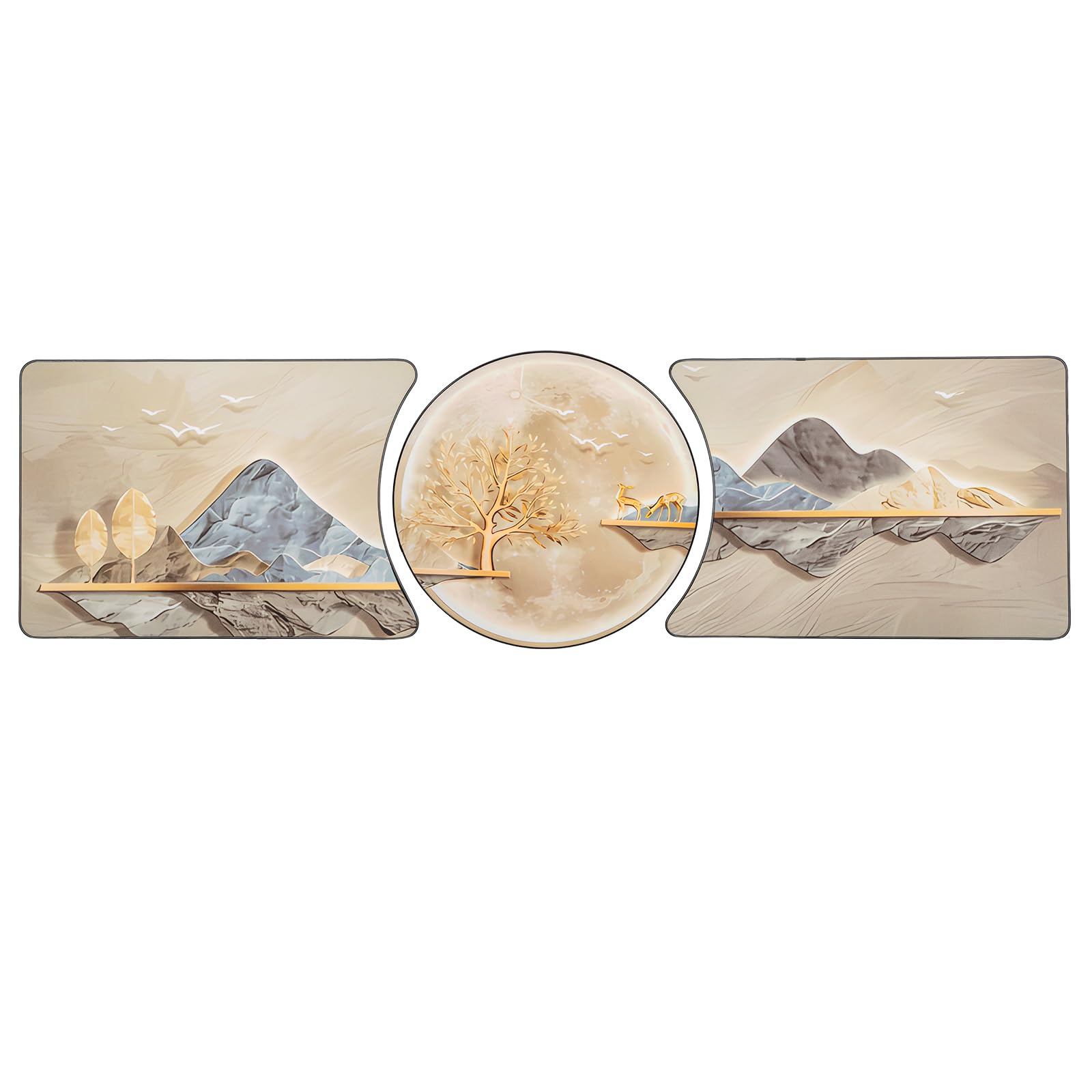 GreenWhim 3 Piece Abstract Mountain Wall Art Set, Gold Landscape Decor