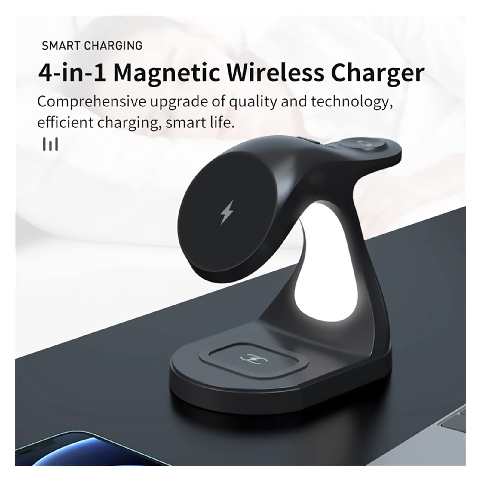 Draadloze oplader, 3 in 1 magnetische draadloze oplader nachtlampje for telefoonmagneet draadloze opladers for horloge/oortelefoon(White