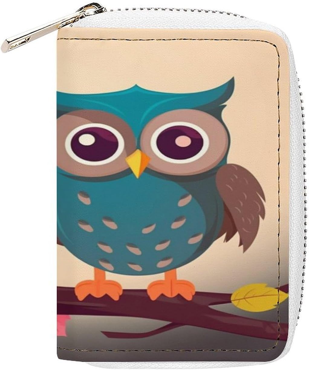 Leather Card Organizer Case Card Wallet Credit Card Holder Cute Owls Printed Zipper Card Cases Holder for Women Men