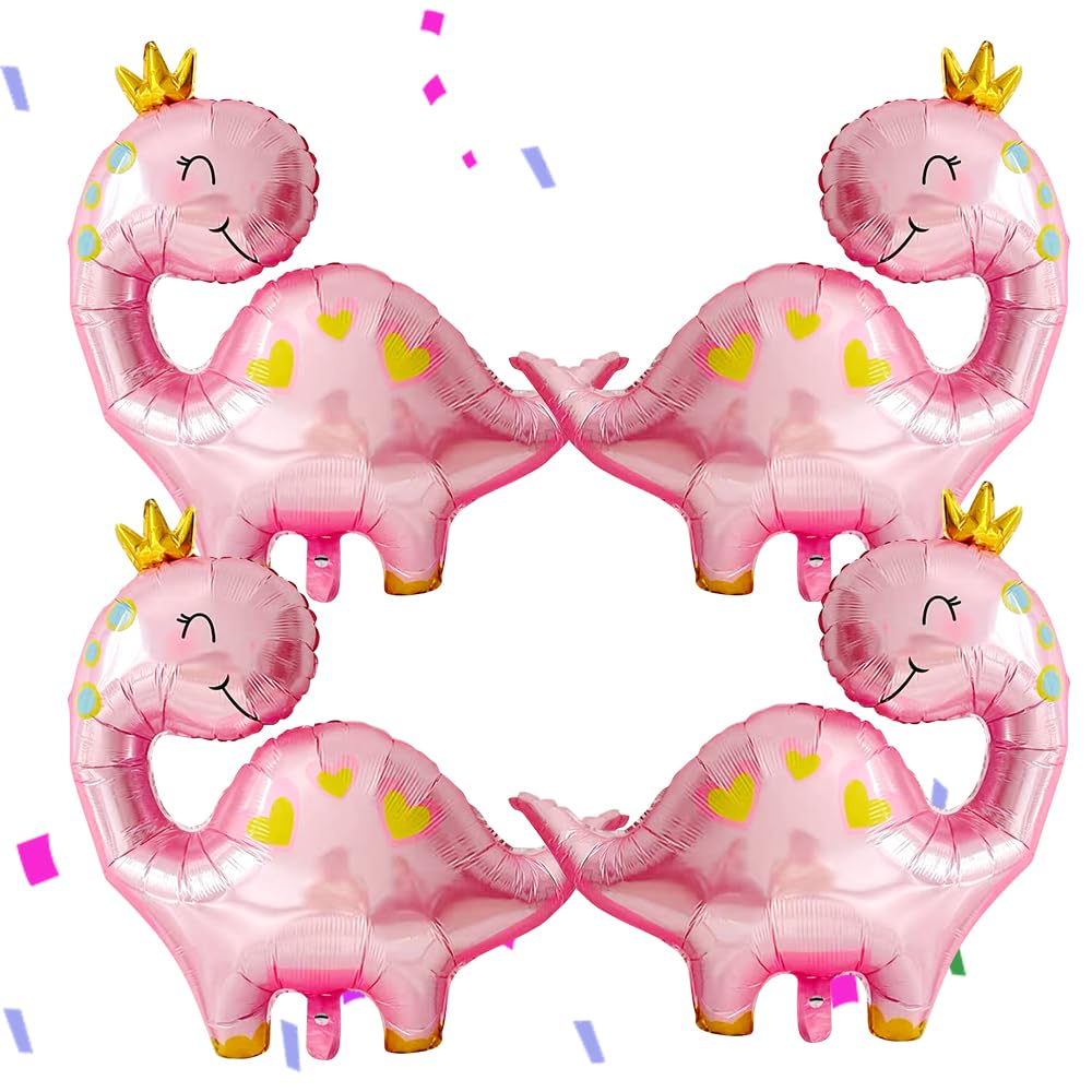 Dino Balloons, Large Pink Dinosaur Balloons, 38 Inch for Birthday Party, Dinosaur Animals Foil Balloon Set, Gender Reveal Decorations Favors, for Jungle Dino Theme Decor Supplies - 4 PCS