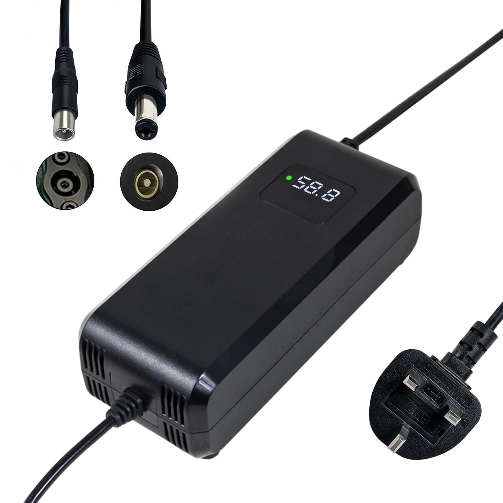 58.8V 4A battery charger, for 52V/48V lithium battery, with LED display and multiple protection and repair functions, equipped with connectors (RCA 8mm, DC 5.5 * 2.1mm/2.5mm)