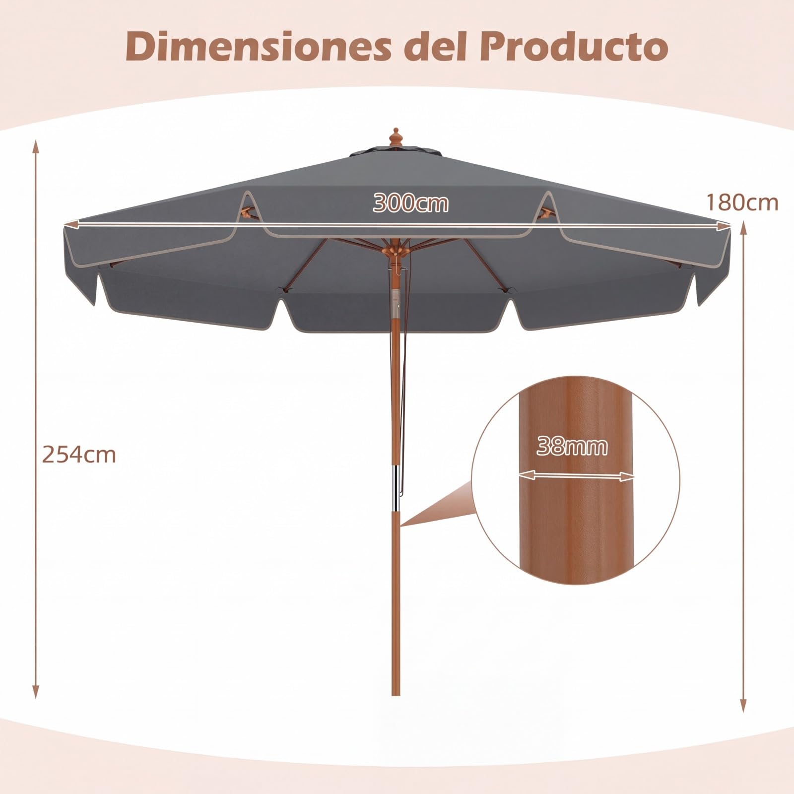 COSTWAY Sombrilla Terraza Exterior 300 cm, Parasol Jardin con Inclinación 30° en Ambos Lados, Mango de Madera, Parte Superior Ventilada, 8 Varillas, Sombrilla de Patio Jardín Playa Piscina
