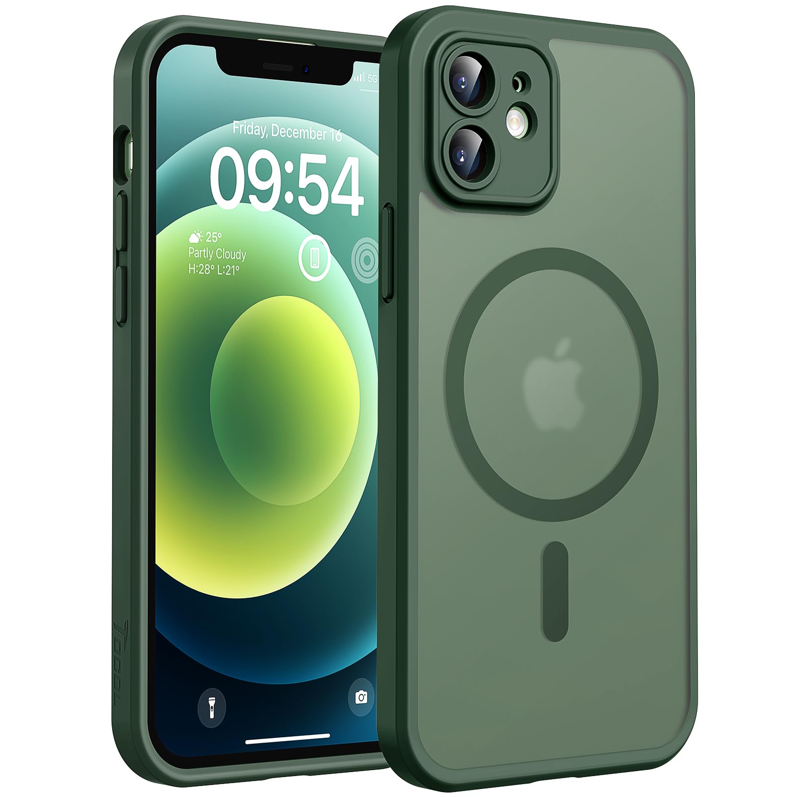 TOCOL Cover Magnetica per iPhone 12 6,1 Pollic, Compatibile con MagSafe, Protezione Fotocamera Integrata, Custodia Antiurto Traslucida Opaca, Verde Alpino
