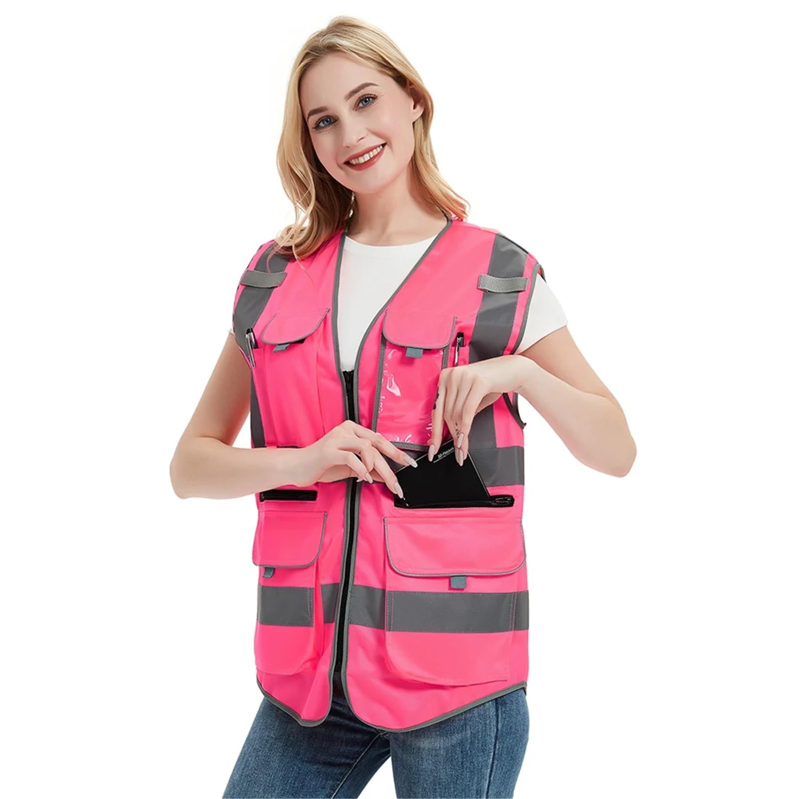 Gilet di Sicurezza Rosa ad Alta visibilità for Uomo Donna - Uniformi da Lavoro con Tasche Abiti(L)