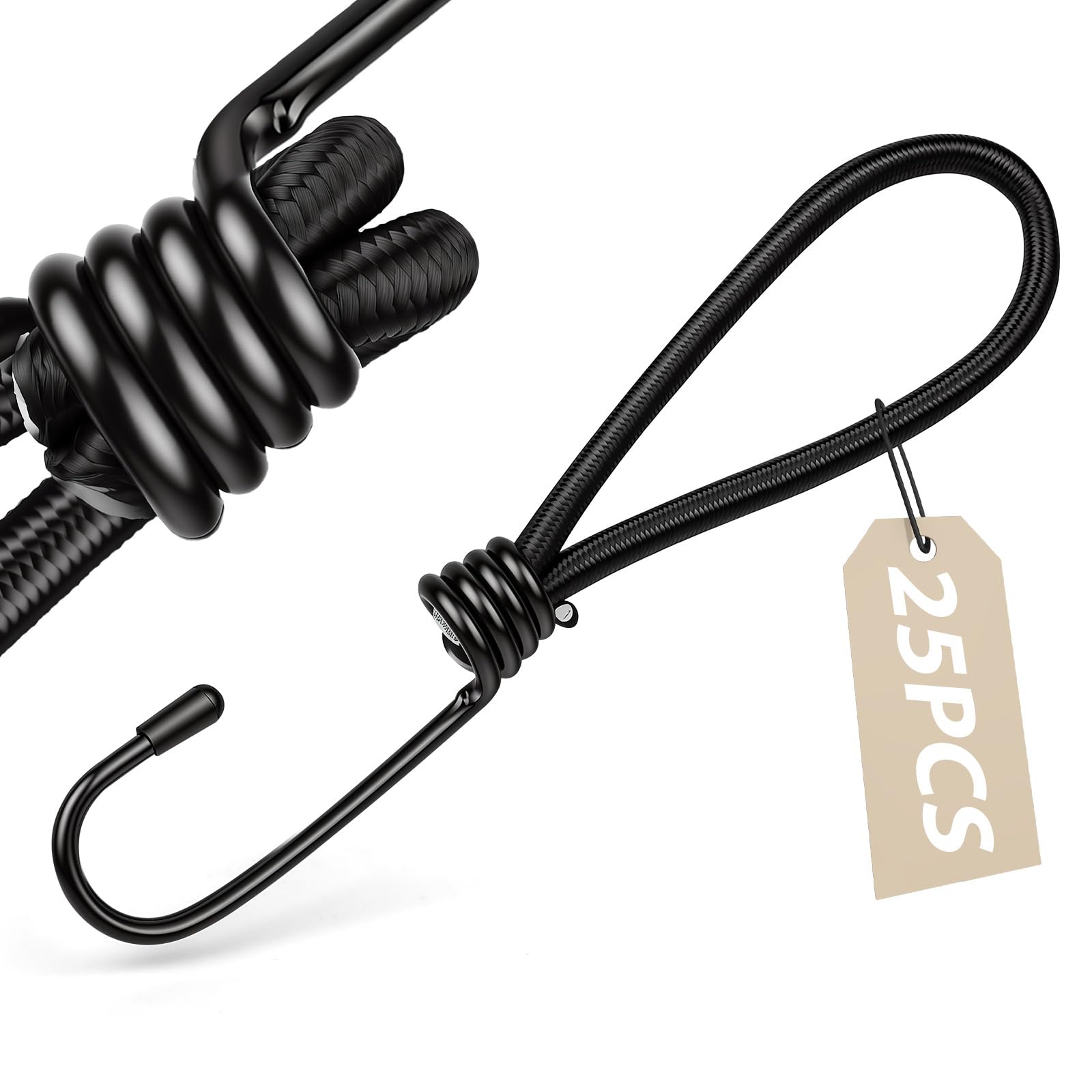 Bungee Cords with Hooks 150mm Pack of 25 Weatherproof UV Resistant Bungee Straps, Heavy Duty Outdoor Elastic Bungee Straps, Short Tarpaulin Hooks, for Tarpaulin, Luggage, Camping, Bikes, Banners