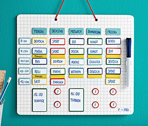 Wochenplan Stundenplan Terminkalender Kalender für Schüler und Studenten mit Magnetbord beschreibbar + 94 magnetische und wieder beschreibbare Elemente Maße 35 x 30 cm
