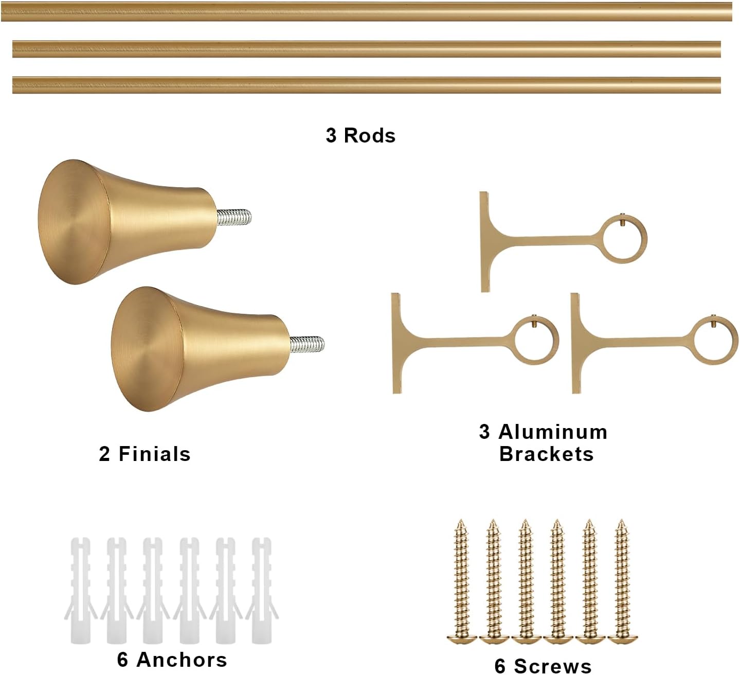 1Inch Single Curtain Rods, Decorative Drapery Rods Adjustable 84-120IN Length, With Horn Finials, Wall Mount and Ceiling Mount, Warm Gold