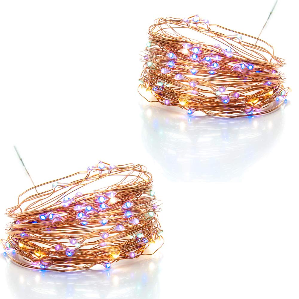 100 LED Fairy Lights 10.5M Now with 105 LEDs 8 Function USB Power Supply Copper & Black Wire S4U (2 Pack Copper Wire String Lights - Multi Coloured)