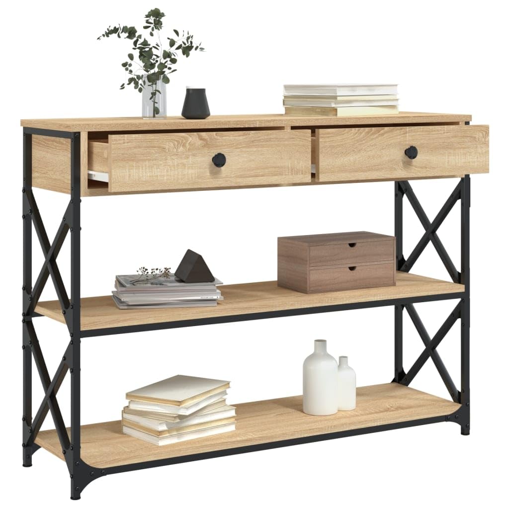 Stolik konsolowy dąb Sonoma 100 x 28 x 75 cm, materiał drewnopochodny z metalową ramą, regulowane nogi, stabilny stół do przedpokoju z miejscem do przechowywania do salonu, przedpokoju