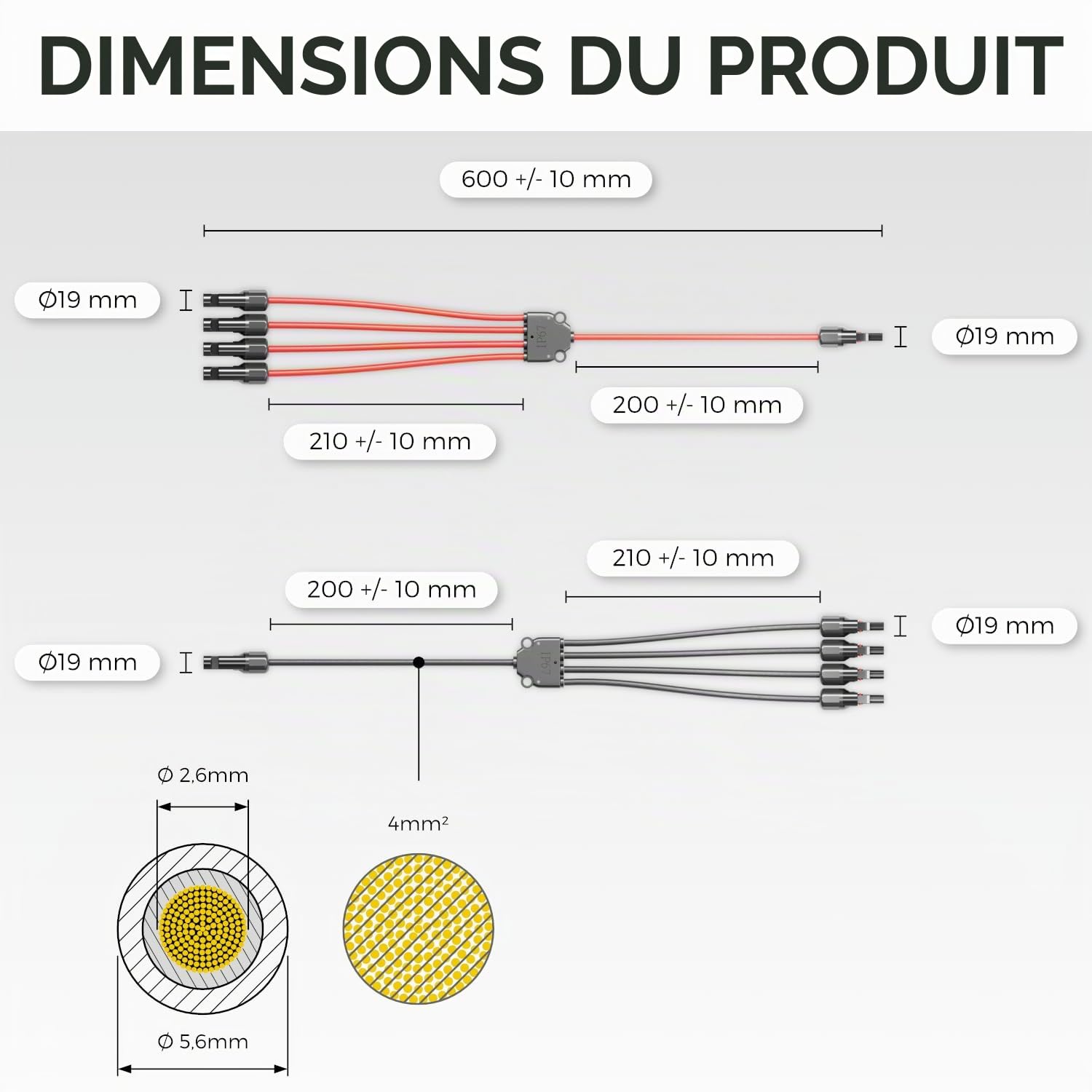 deleyCON Câble solaire Y 4/1 - Adaptateur 4 mm² - Fiche Y PV4 / adaptateur T IP68 1500 V - (M/FFFF, F/MMMM) - Pour installation PV