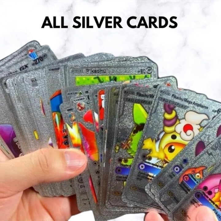Image of VARIYA ENTERPRISE New Playing Cards | 55 Pcs Silver Foil Card | Assorted Cards TCG Deck Box | V Series Cards Vmax GX Rare Golden Cards and Common-Rare Mystery Card | Best Gift for Kids