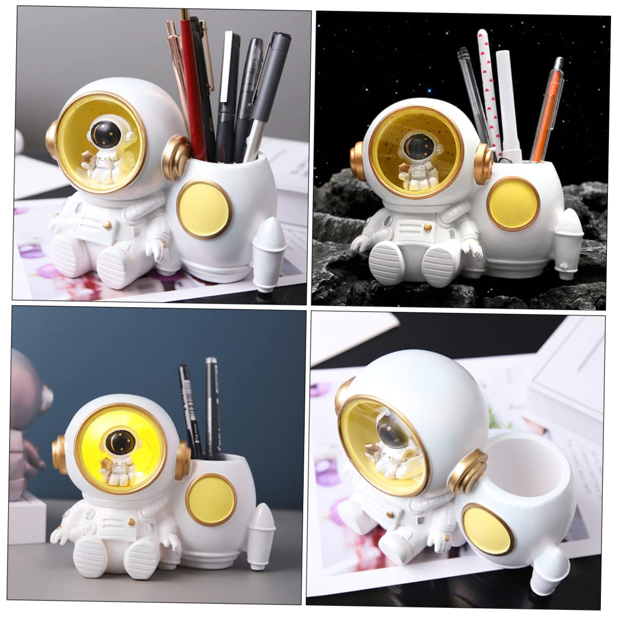 POPETPOP Portapenne Astronauta con Luce Porta Penne in Resina Bianco Grande Capacità per Scrivania Studenti Accessorio Ufficio Leggero e Decorativo
