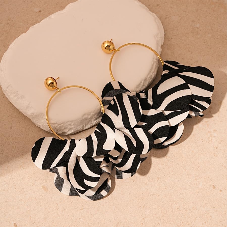 PLwelth Zebra Print Hoop Earrings for Women Gold Hoop Drop Dangle Earrings Black White Stripe Long Drop Earrings Statement Large Huggie Hoop Earrings Trendy Jewelry Gifts for Her Birthday Christmas4
