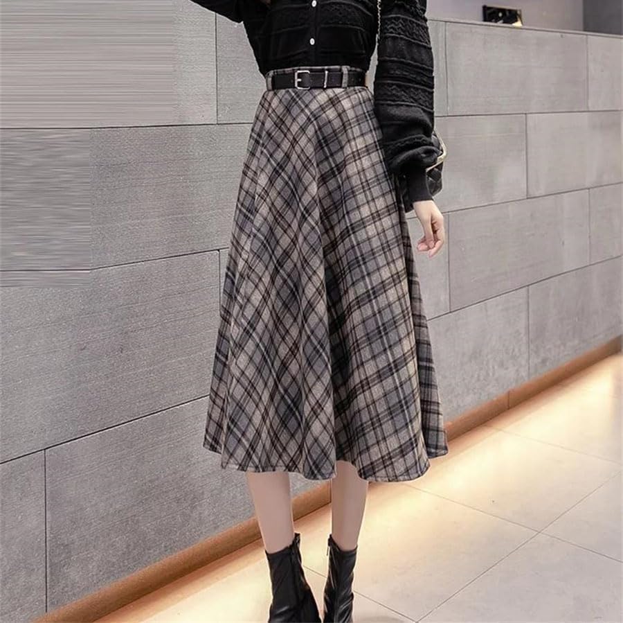 Women's Vintage Plaid Midi Skirt for Fall Winter Warm Lightweight High Waist Belted Loose A Line4