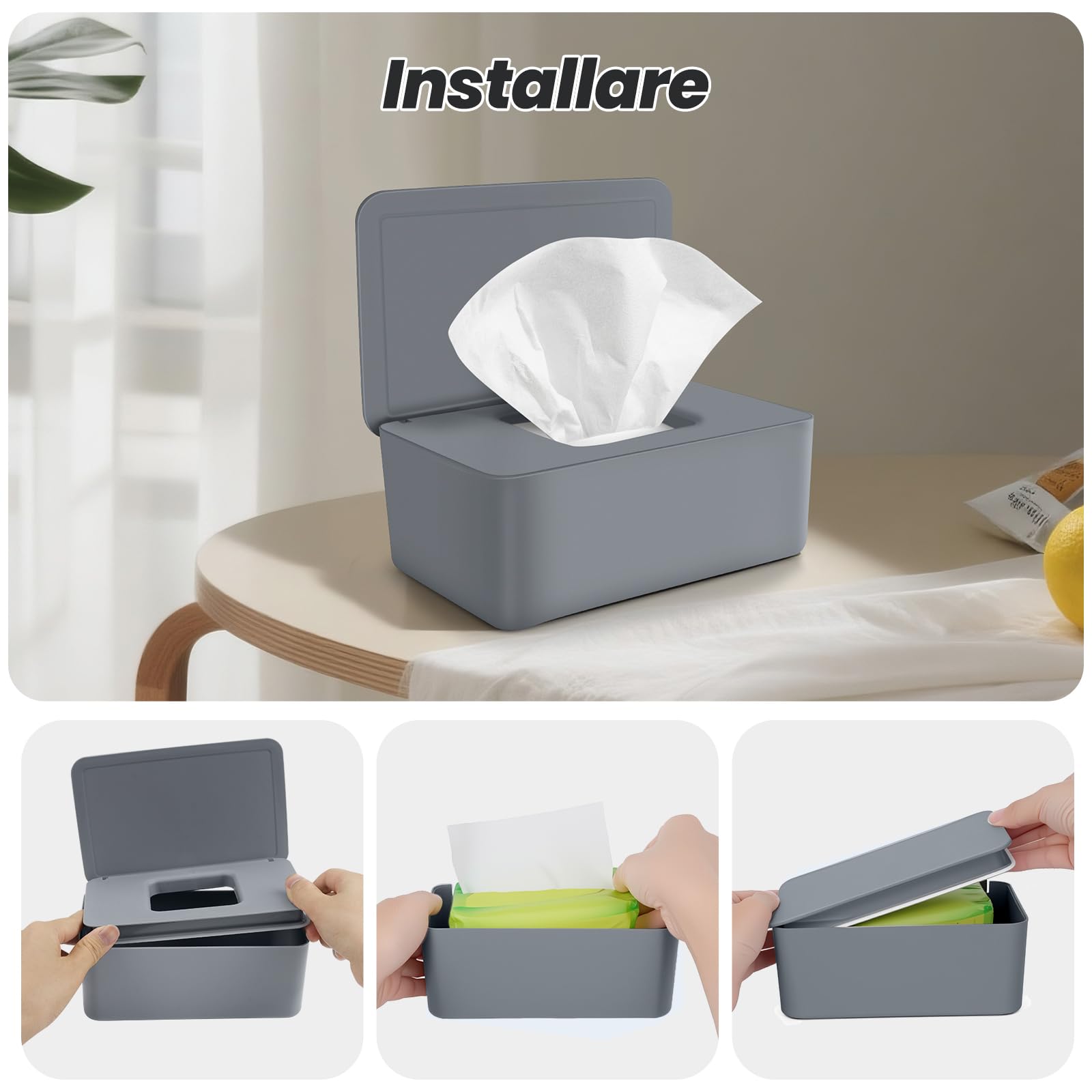 Scatola Porta Salviette Umidificate Dispenser con Coperchio Grigio
