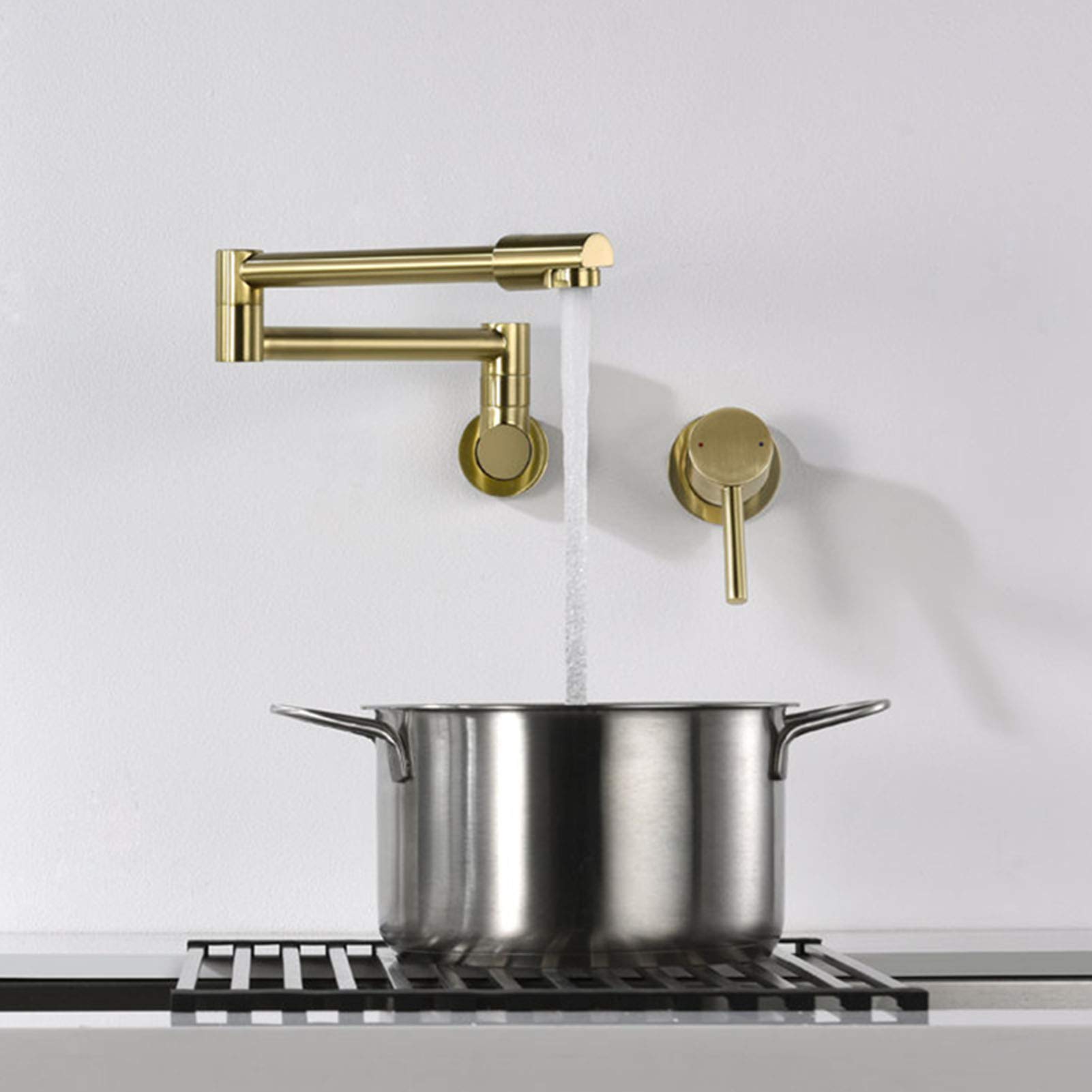 Rubinetto di riempimento per vaso a parete, design a doppio giunto snodato, rubinetto per lavello da cucina in ottone, miscelatore a due fori con maniglia singola, oro spazzolato