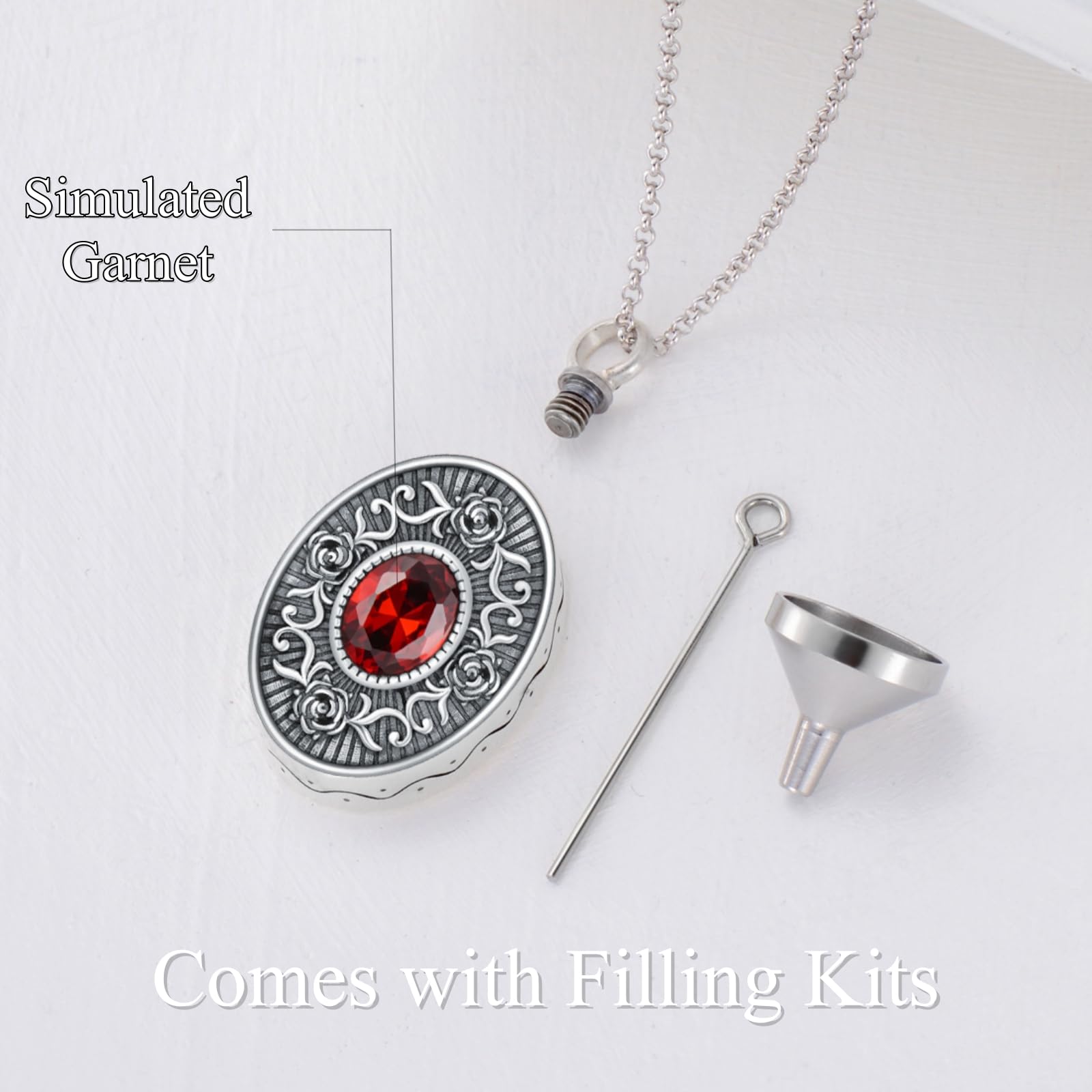 PELOVNY Collana da donna con medaglione ovale in argento Sterling 925 con granato simulato rosa rossa, per ceneri di una persona cara, gioiello commemorativo per mamma e lei