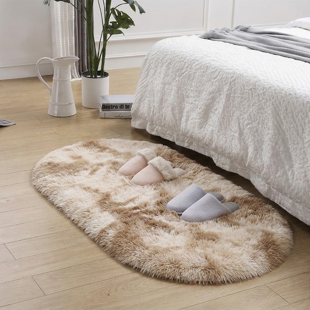 Parvam Oval Plush Soft Fluffy Floor Mat, Non-Slip Tie-Dye Indoor Mat for Bedroom, Bathroom, Entrance, Living Room & Hallway, Ultra-Soft Shaggy Floor Covering (Light Brown Tie-Dye, 40 x 60 cm)