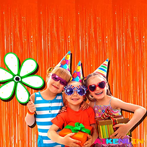Image of 4 Pack 3.2Ft x 8.2Ft Orange Foil Fringe Curtain Backdrop, Metallic Tinsel Foil Fringe Streamers Curtains Background for Photo Booth, Birthday, Wedding, Halloween, Christmas Party Decoration