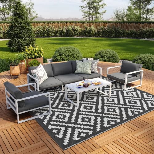 Image of GENIMO Outdoor Rugs 8x10 Waterproof, Reversible Mats, Area Plastic Straw Rug, Outside Carpet, Geometric Rv Mat for Patio Camping Picnic Backyard Deck Balcony Porch Beach Trailer (Black & White)