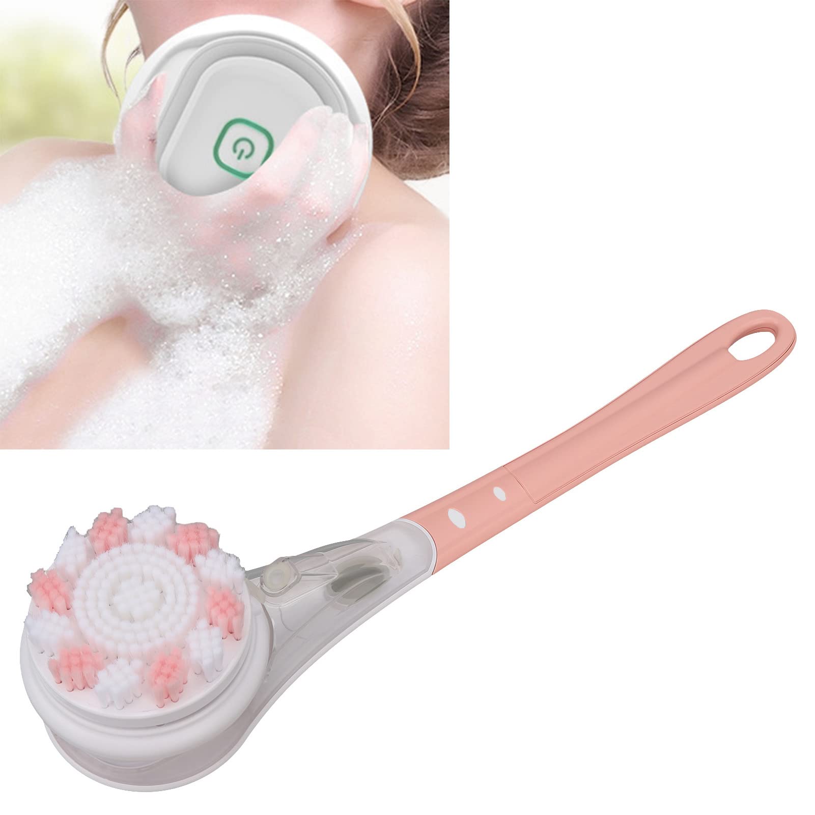 Elektrische Körperbürste - Langen Griff, 6x rotierende Peel-Heads, wasserdicht, tiefe Reinigung, 3-Gänge Massage, Duschbads-Reiniger