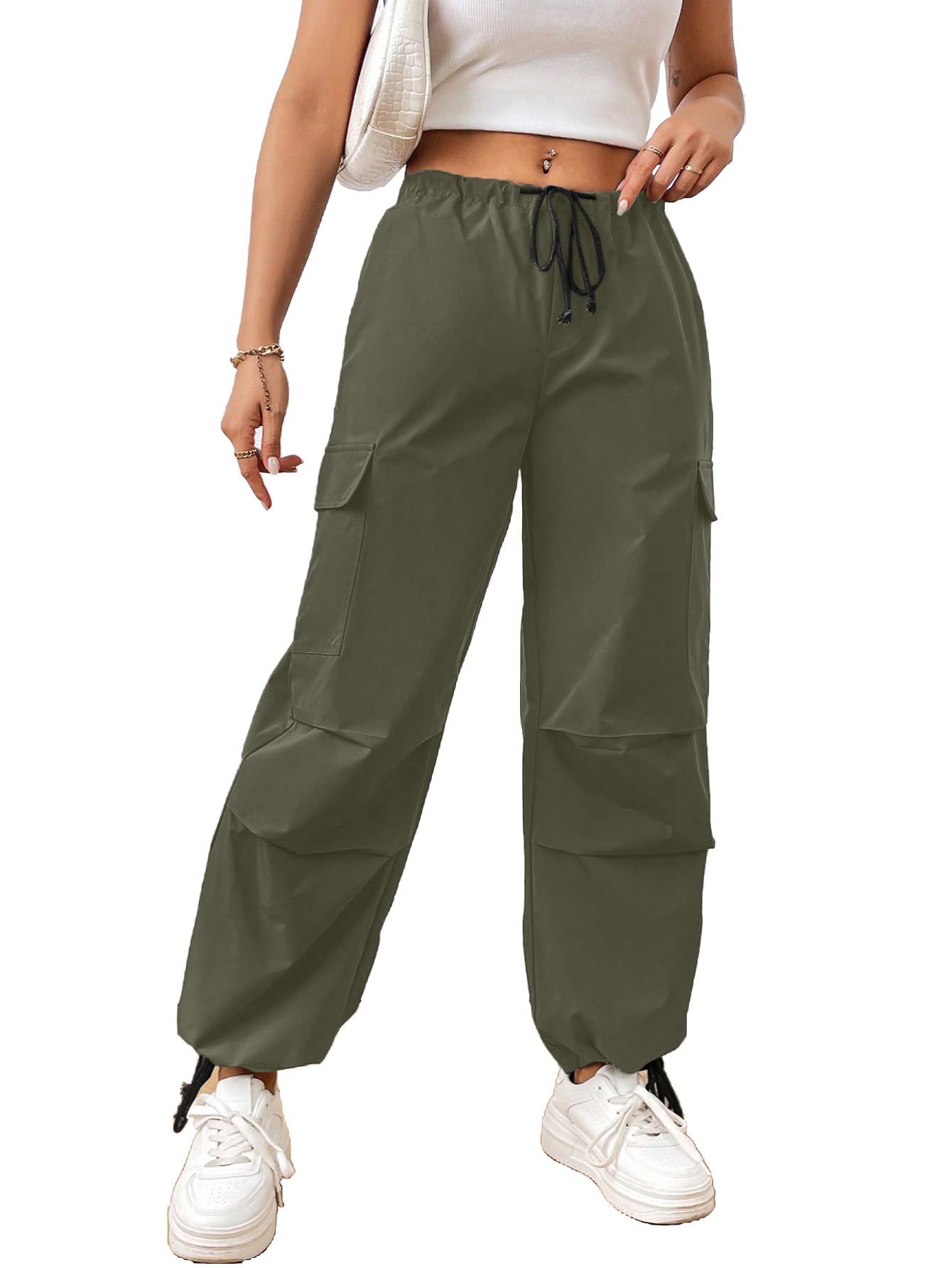 AahwanWomen's & Girls' Solid Drawstring Waist Flap Pocket Side Parachute Cargo Pants
