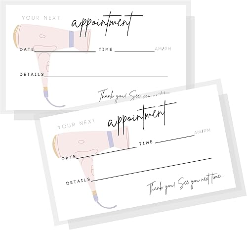 Tarjetas de recordatorio de citas para el cabello, tamaño de tarjeta de visita impresa física de 2 x 3.5 pulgadas, color blanco y negro con diseño