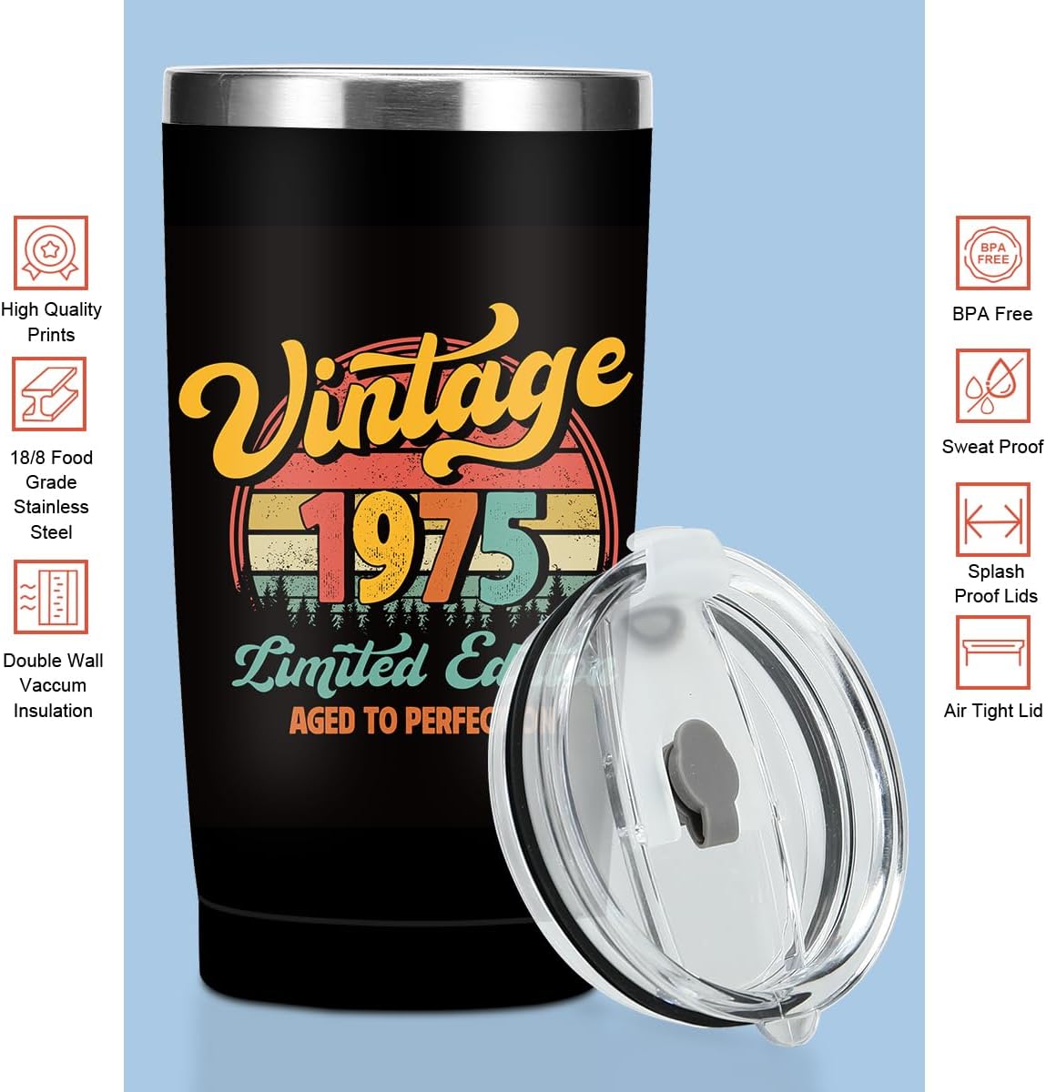 Vintage 1975, 51st Birthday Gifts for Men, 51st Birthday Decorations Tumbler, 20 oz Stainless Steel Insulated Coffee Mug, Gifts for 51 Year Old Man Dad Friend, Travel Cup, Black Drinking Cup for Car - Image 4