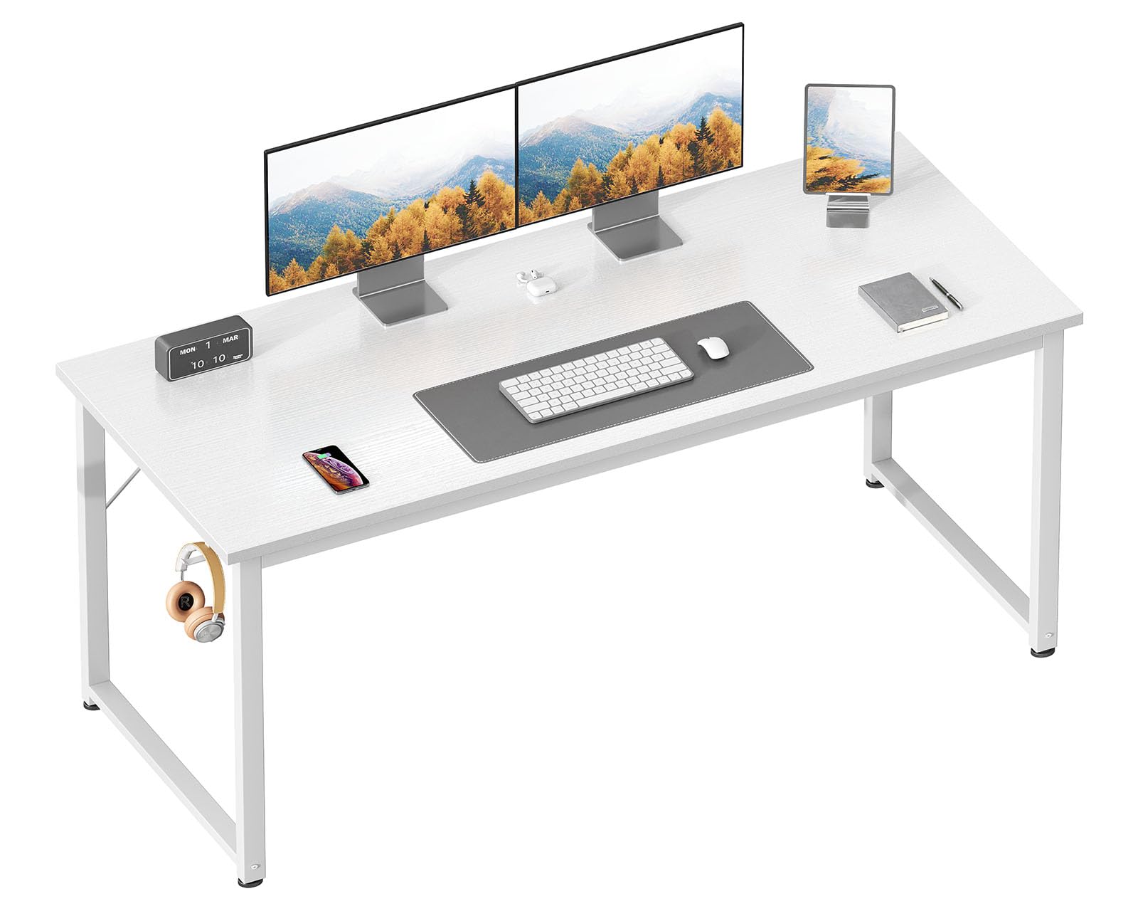 Casaottima 54 Inches Small Computer Desk, Work Study Table for Home Office, Kids Student Writing Desk with Headphone Hooks, White