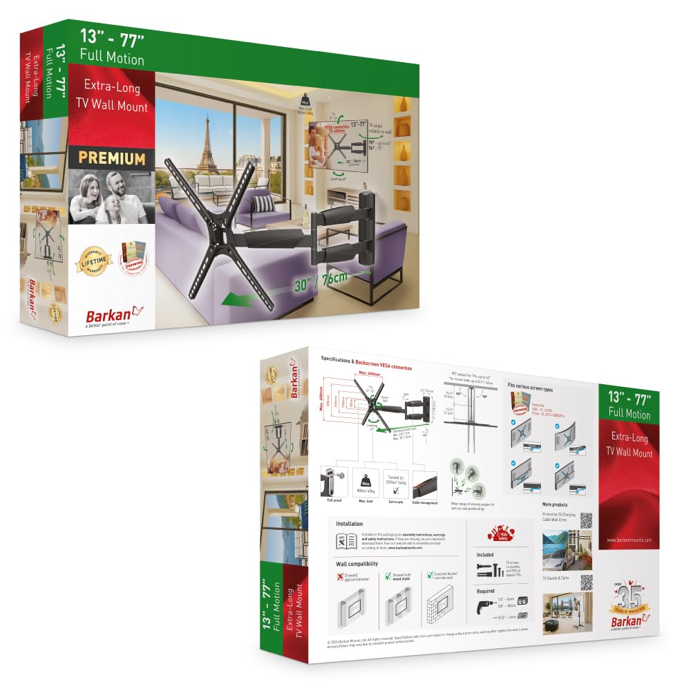 Barkan Supporto da parete per TV lungo 76 cm, orientabile da 13 a 65 pollici, inclinazione e movimento completo piatto e curvo, può contenere fino a 36 kg, extra lungo, per LED OLED LCD, max. VESA 400