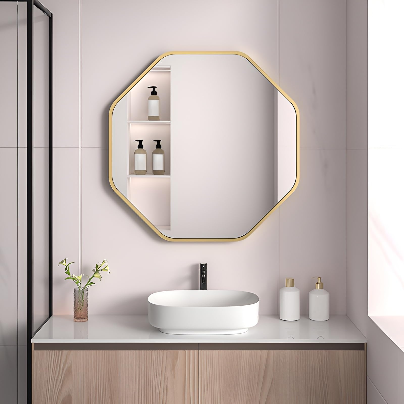 FGXHHS 15.7in, 19.7in, 23.6in, 27.6in, 31.5in, Metal Frame, Octagon Mirrors Beveled Edge Wall For Over Sink, Entryway, Vanity, Bedroom(Gold,50cm/19.7in)