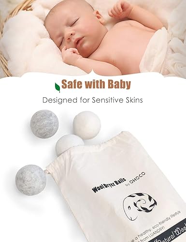 Miniatura 3 de OHOCO - Paquete de 12 bolas de lana para la secadora 6 blancas y 6 grises hechas de lana natural orgánica suavizantes de tela antiestáticas seguras