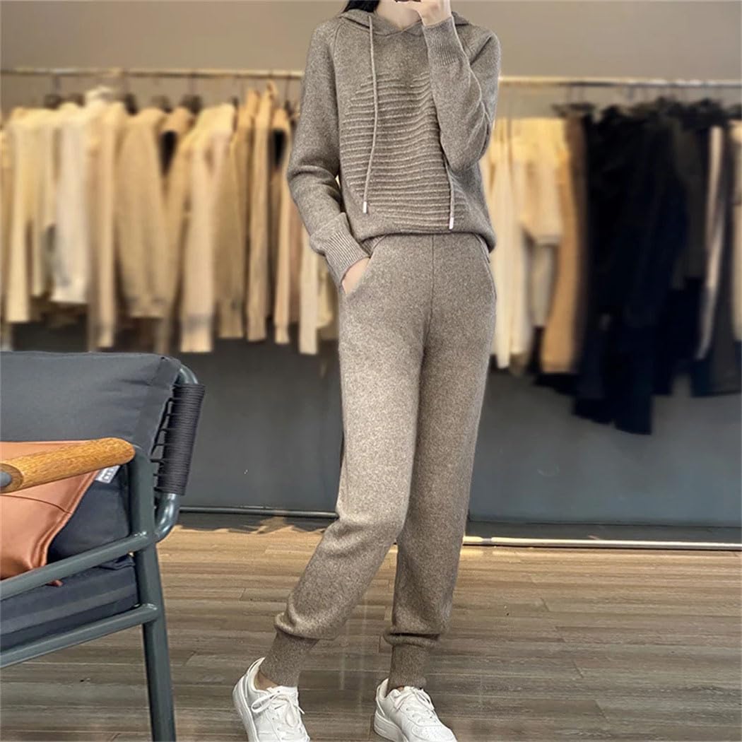 Herbst Winter Damen Anzug 100% Merinowolle Kapuzenpullover Casual Sweatpants Kleine Bein Hosen Gestrickt 2-teiliges Set