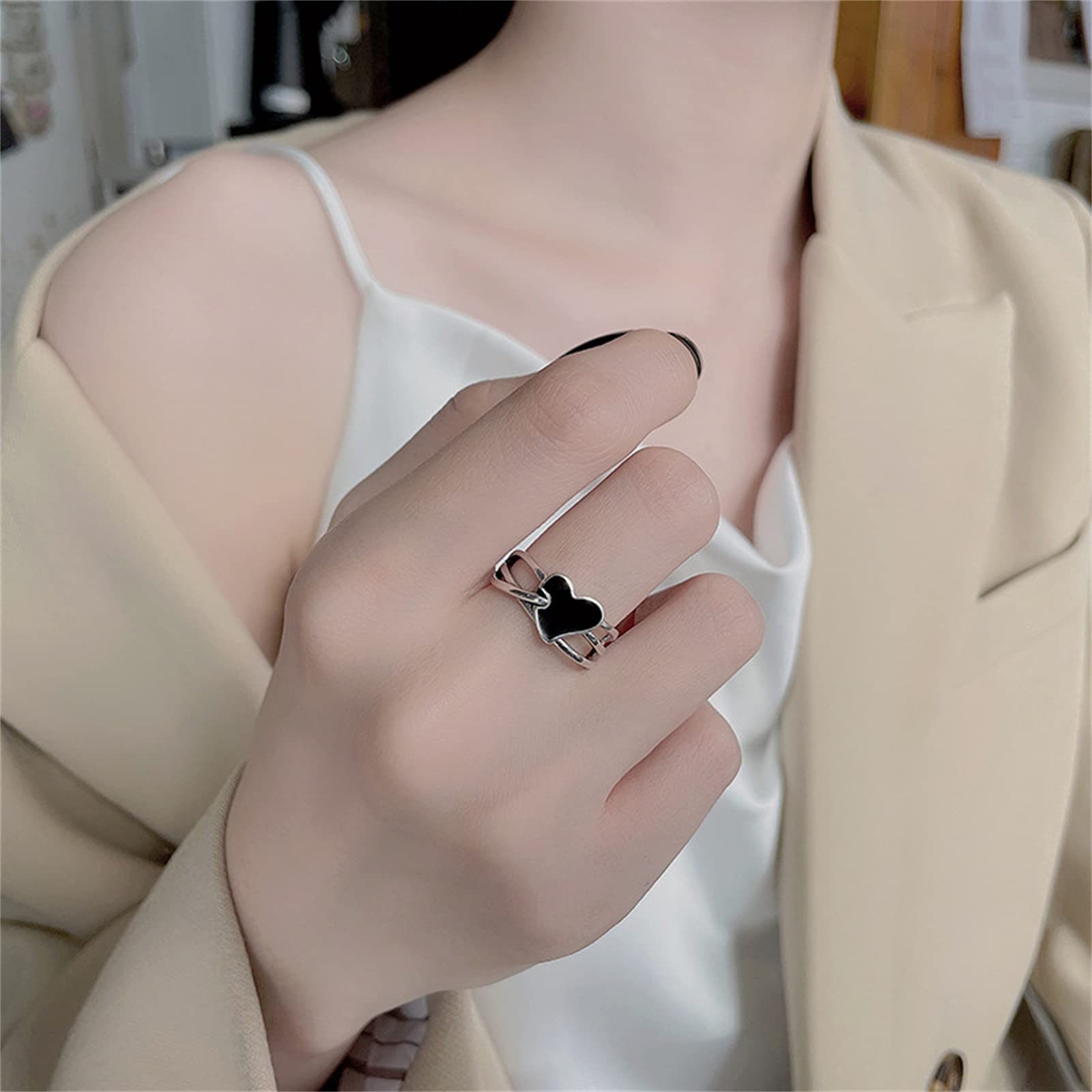 HMJGDHX S925 Sterling Retro wielowarstwowy czarny emaliowany pierścionek w kształcie serca moda hip-hop otwarty regulowany pierścionek odporny na matowienie dopasowany pierścionek z obrączką,