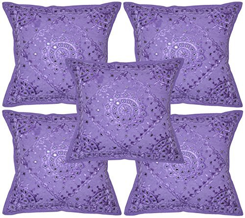 Sophia Art Housses de Maison brodées à la Main Couvre-Meubles de Travail et Coussin décoratif Miroir Marron Coussin en Coton Indien 16 x 16 Pouces (Purple, 05 Pcs Set (16"x 16")) Cover